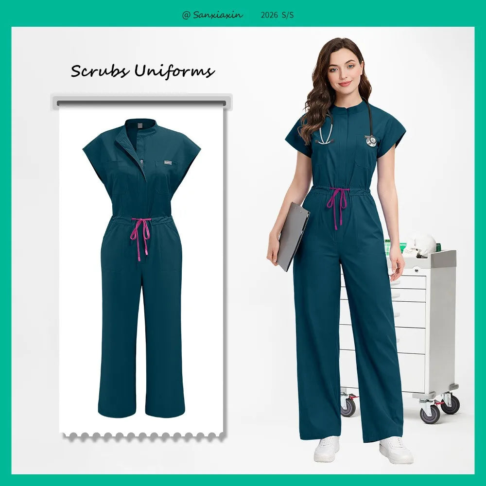 Slim Fitting Elasticity Scrubs Workwear Operating Room Medical Uniforms Nurse Scrubs Jumpsuit Women Solid Color Surgery Clothing