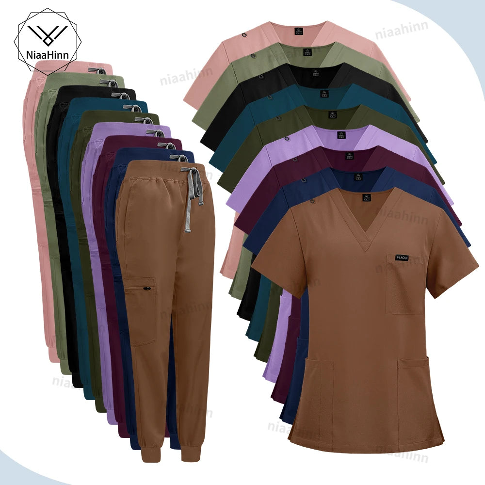 Wholesale Price Clinical Uniform Woman Hospital Doctor Work Wear Nurse Medical Clothing Short Sleeved Top Jogging Pants Set Mens