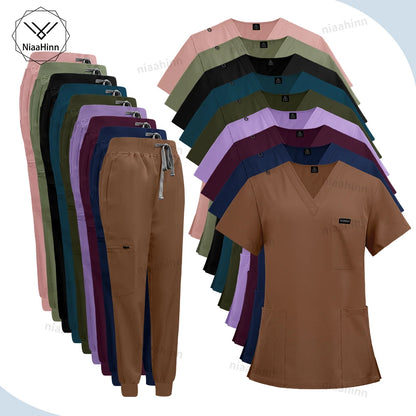 Wholesale Price Clinical Uniform Woman Hospital Doctor Work Wear Nurse Medical Clothing Short Sleeved Top Jogging Pants Set Mens