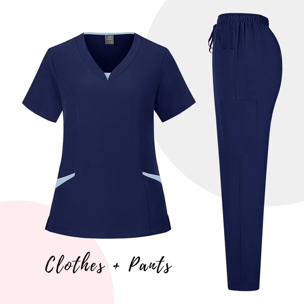 New Scrubs Uniform Suit Short Sleeve V-neck Tops+ Pants Set Nursing Uniform Women Multicolor Pet Doctor Scrub Medical Workwear