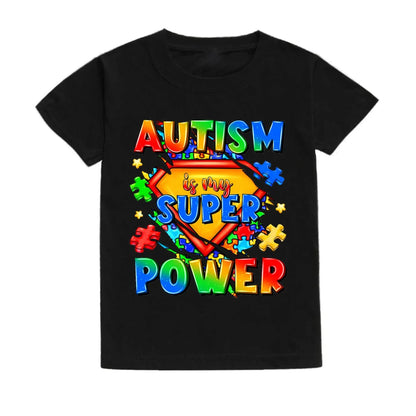 Autism Is My Superpower Kids Tshirt Autism Awareness Youth Shirt Toddler Short Sleeve Clothes Colorful Puzzle Boys Tee