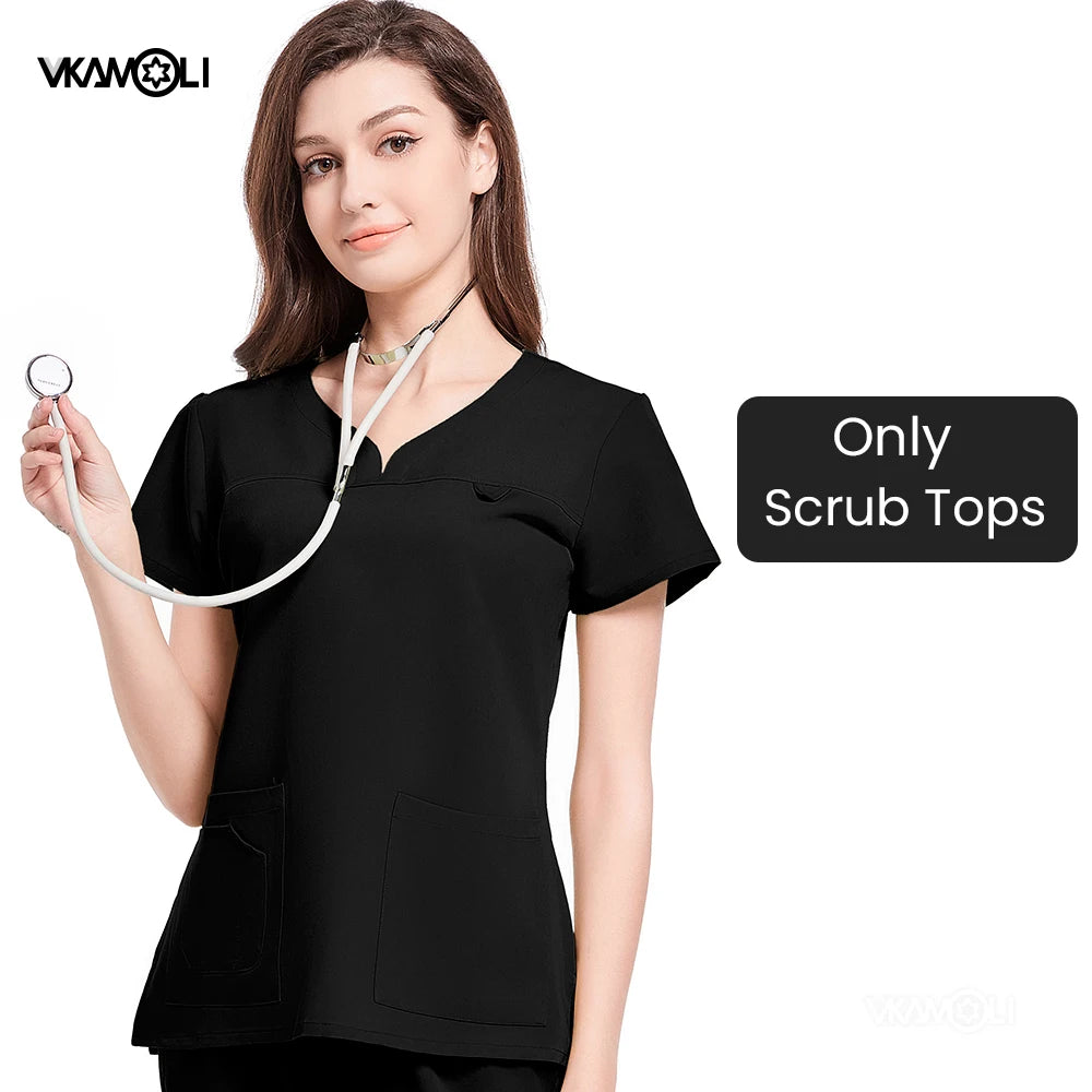 Slim fitting elasticity nurse scrubs tops dentistry doctor lab spa uniform surgical Scrub shirt for woman pharmacy pet hospital