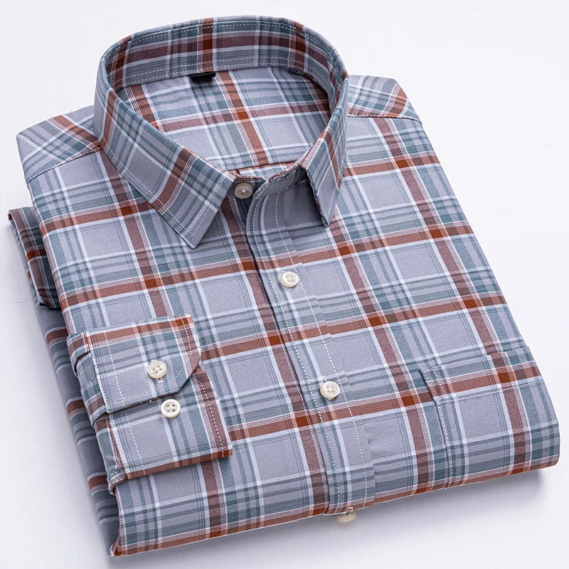New S-7XLCotton Oxford Shirt For Mens Long Sleeve Plaid Striped Casual Shirts Male Pocket Regular-Fit Button-Down Work Man Shirt