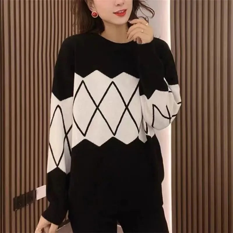 Sweater Women's Autumn and Winter New Warmth Thick Knitted Sweater Color-blocking Slim Base Shirt Top Base Shirt