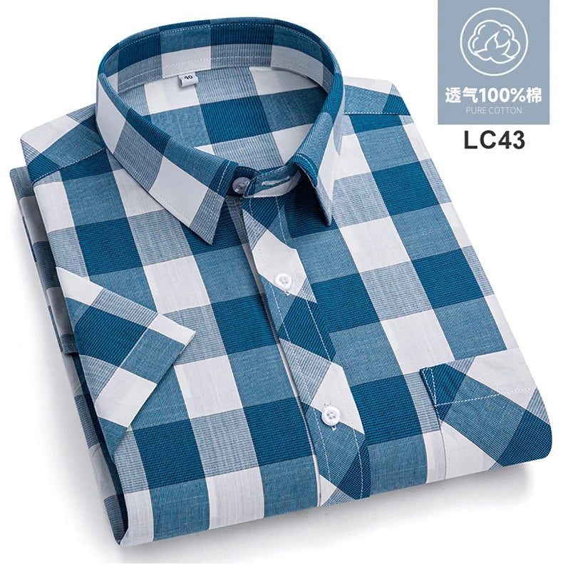 Plus Size 8XL 7XL New Men's Shirts Short Sleeve Cotton Plaid Shirt Summer Fashion Thin Soft Classic Basic Casual Male Clothing