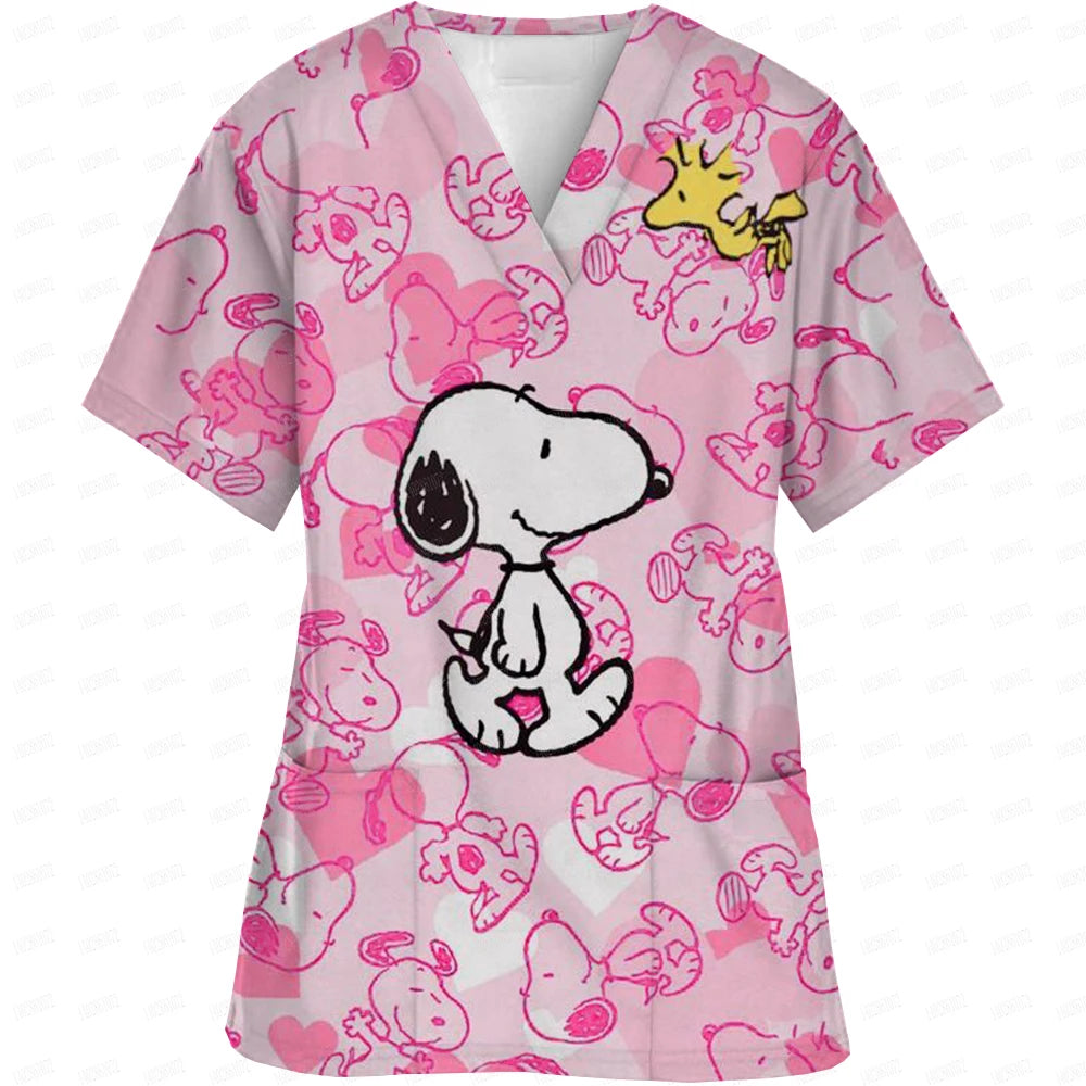 Snoopy print Working Nurse Uniform Women Short Sleeve Pocket Blouse Scrubs Tops Nursing Medical Accessories oversized tshirt