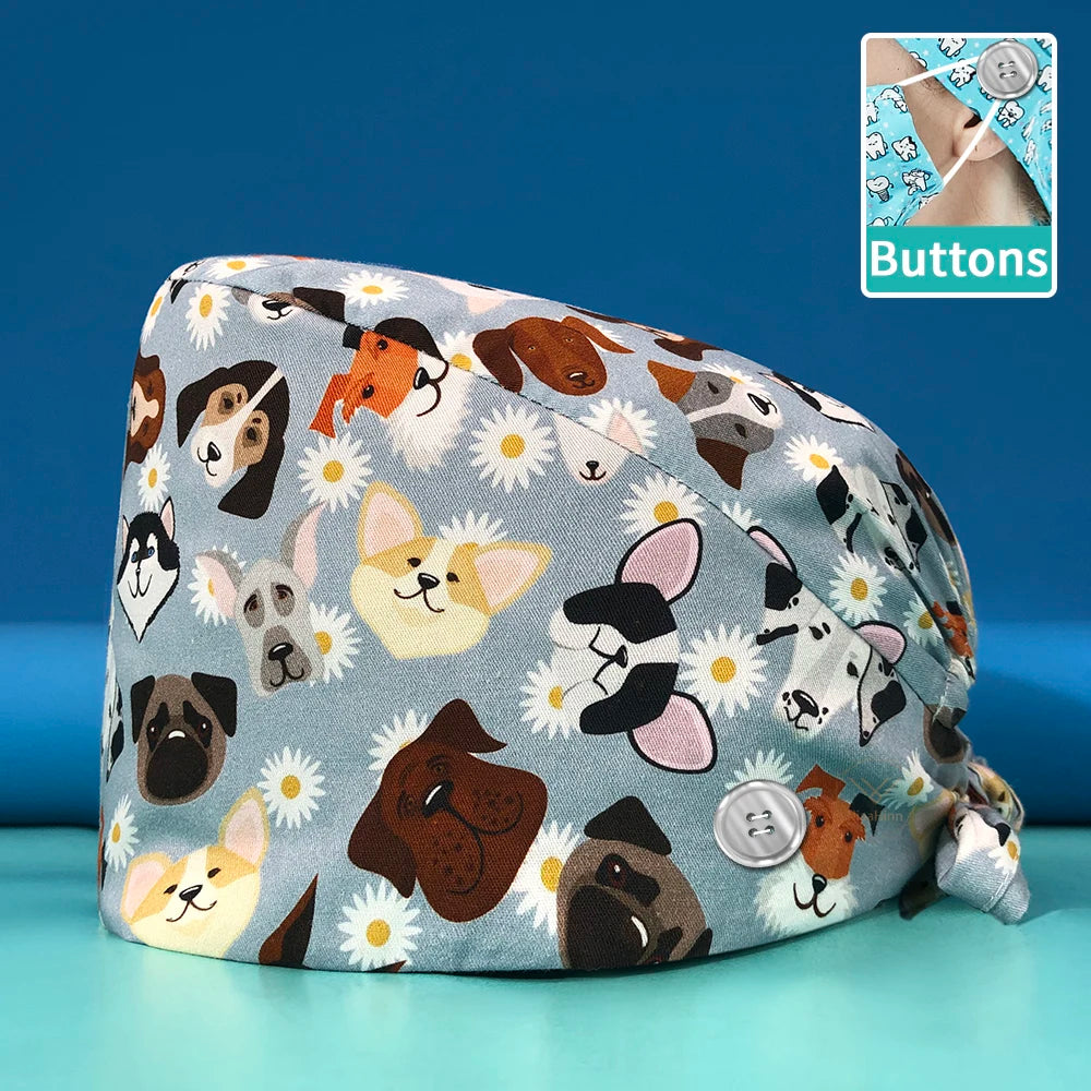 Pill Capsule Pattern Pink Scrubs Cap Female Nurse Medical Clinic Accessories Women's Operating Room Hat with Buttons Cotton Hats