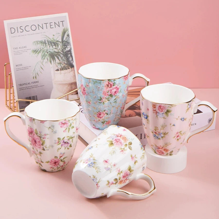 460ML Pumpkin-shaped Ceramic Mug Full cup of flower pattern Coffee Cup Big capacity Breakfast Milk tea cups Gift For Kids Girls