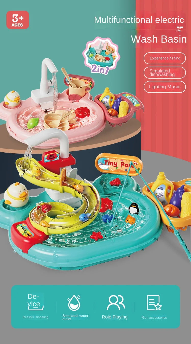 Children's Fishing Toys Electric Pretend Play Toys Dishwashing Basin Toys Gift Kitchen Interactive Toys 2-in-1 Slide Fishing Toy