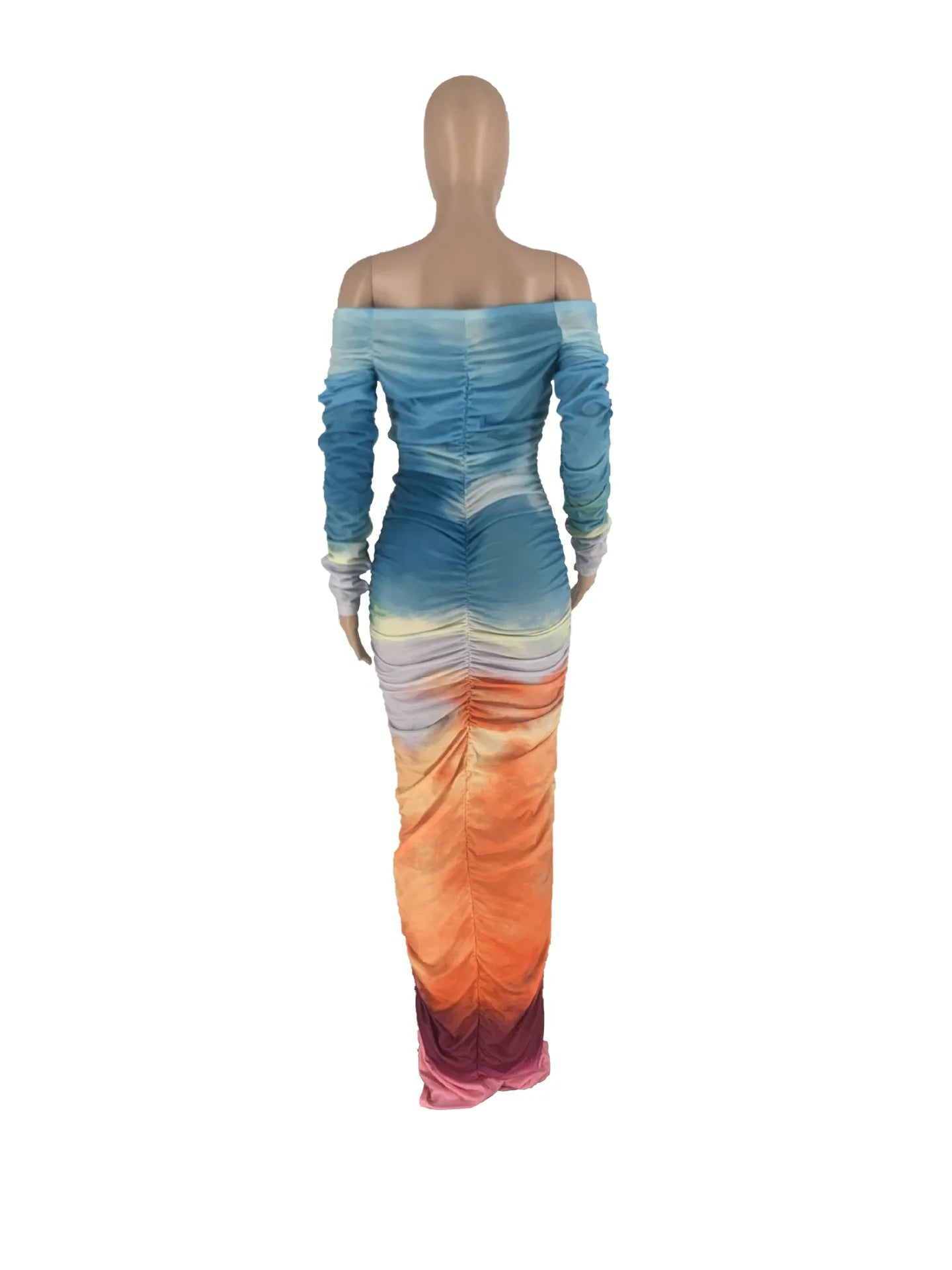 CM.YAYA Women Gradient Tie Dye Printed Off Shoulder Long Sleeve Maxi Long Midi Bodycon Ruched Dress 2023 Sexy Party Club Dresses