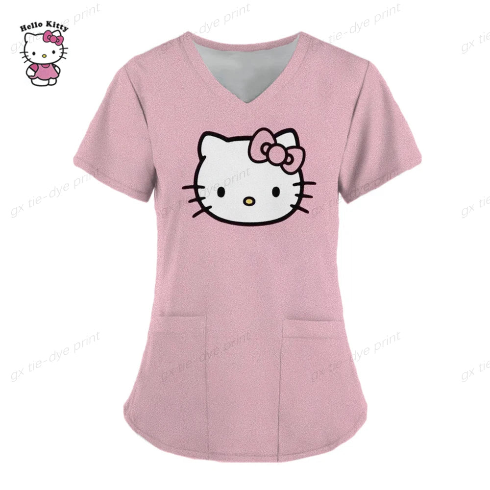 Hello Kitty Uniform Women's Cartoon Hello Kitty Print Nurse Work Shirt Pocket Gown Christmas Healthcare Nurse Scrubs