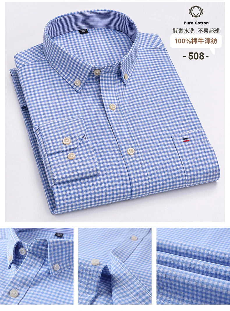 New S-7XLCotton Oxford Shirt For Mens Long Sleeve Plaid Striped Casual Shirts Male Pocket Regular-Fit Button-Down Work Man Shirt