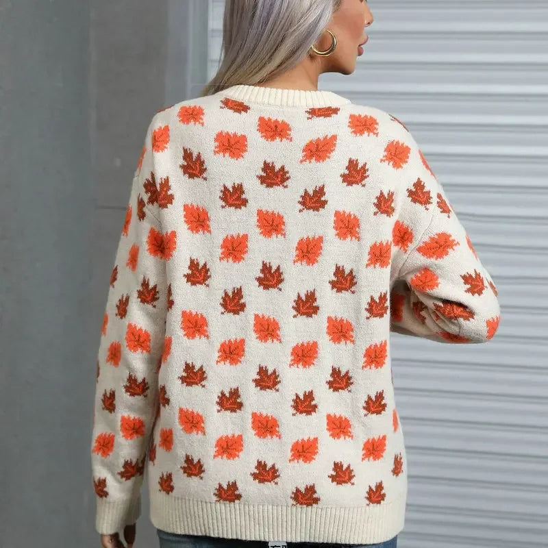 Women Casual Sweaters O Neck Pullovers Warm Outerwear Maple Leaf Print Knitwear Tops Female 2024 Autumn Winter Women Clothing