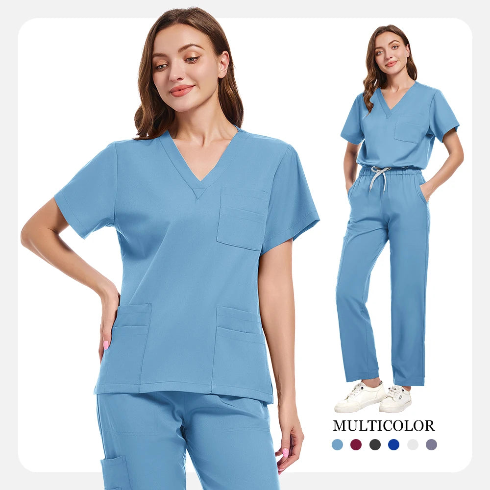 New Scrubs Set Medical Uniforms Stretch Scrub Tops With Pocket Pants Nurse Uniform Doctor Surgery Overalls Beauty Salon Workwear