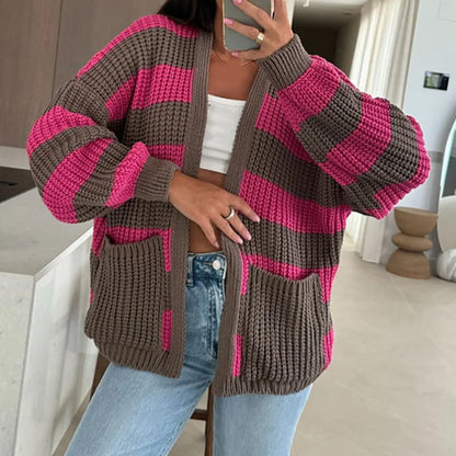Autumn Winter Warm Knitted Sweater for Women Fashion Contrast Color Loose Top Cardigan Casual Long Sleeve Pocket Jumper Harajuku