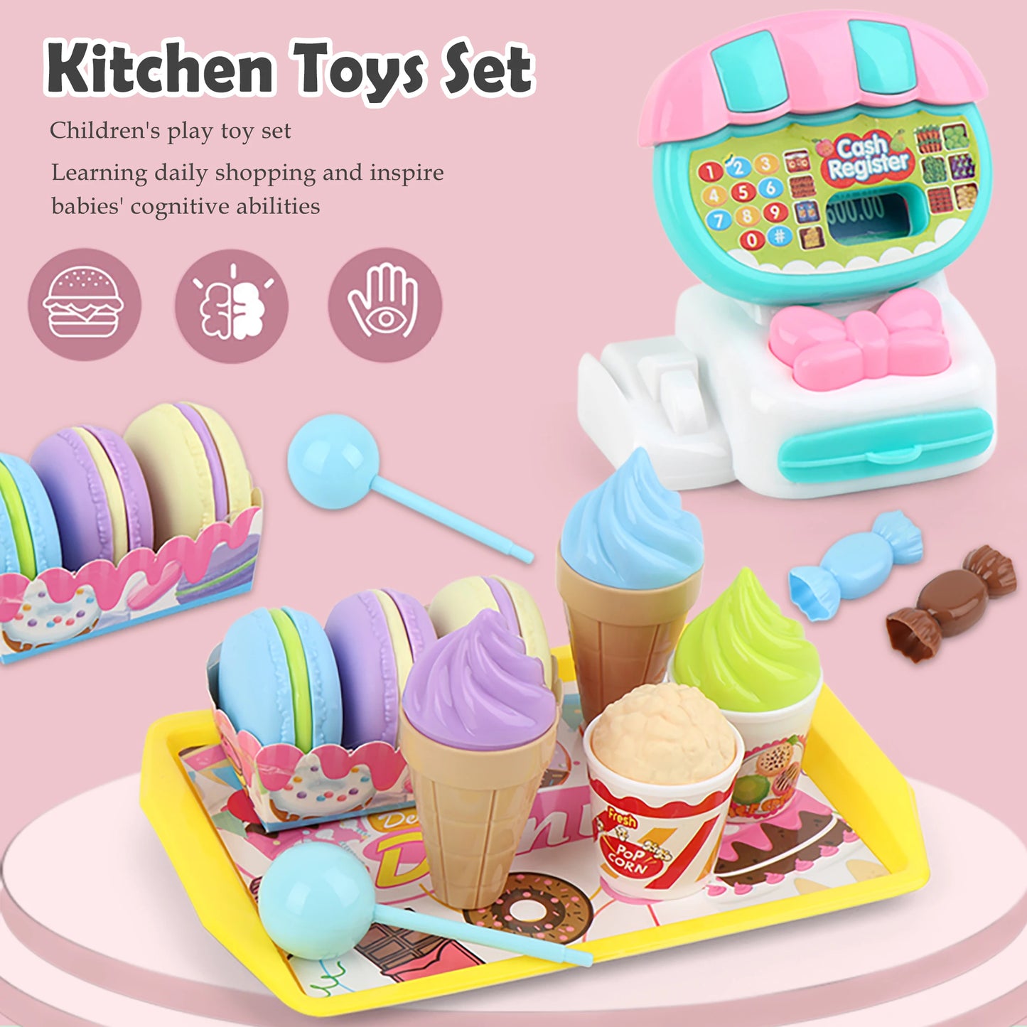 Cash Register Toys Play Calculator Cash, Play Money Ice Cream Vegetables Electronic Calculator Realistic for 3+ Years Old Child