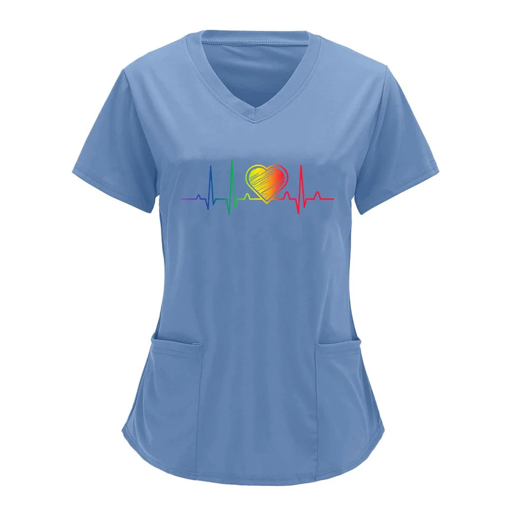 Women T-shirt Working Uniform Print Pocket Pet Grooming Nurse Uniform Clothing Hospital Solid Short Sleeve Spa V-Neck Scrub Tops