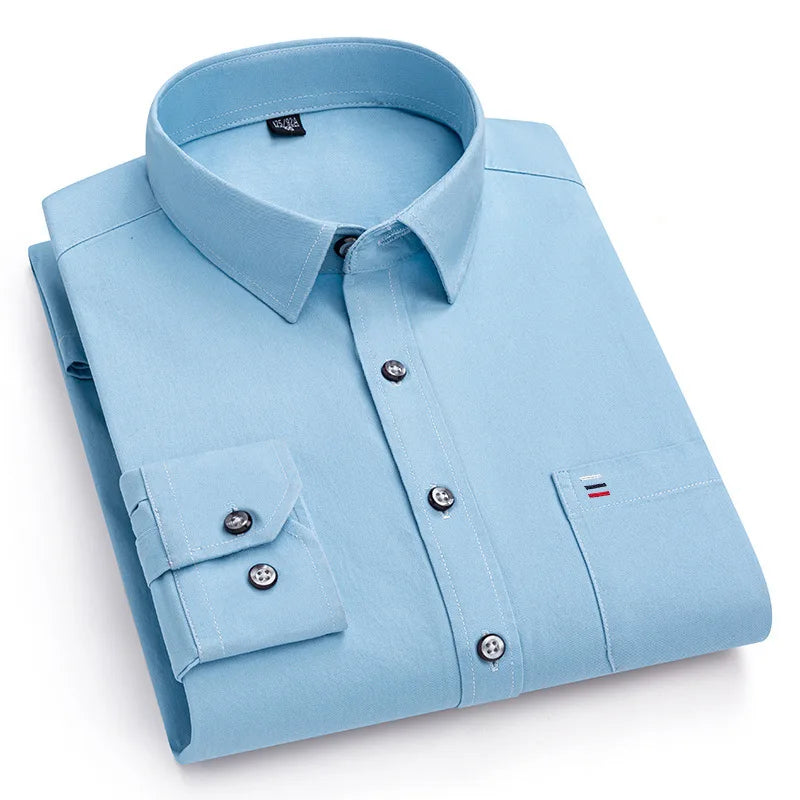 S-7XL New 100% Pure Cotton Men's Shirts Long Sleeves Solid Color Soft Regular Fit Casual Shirt Pocket Social Blouse Male Clothes