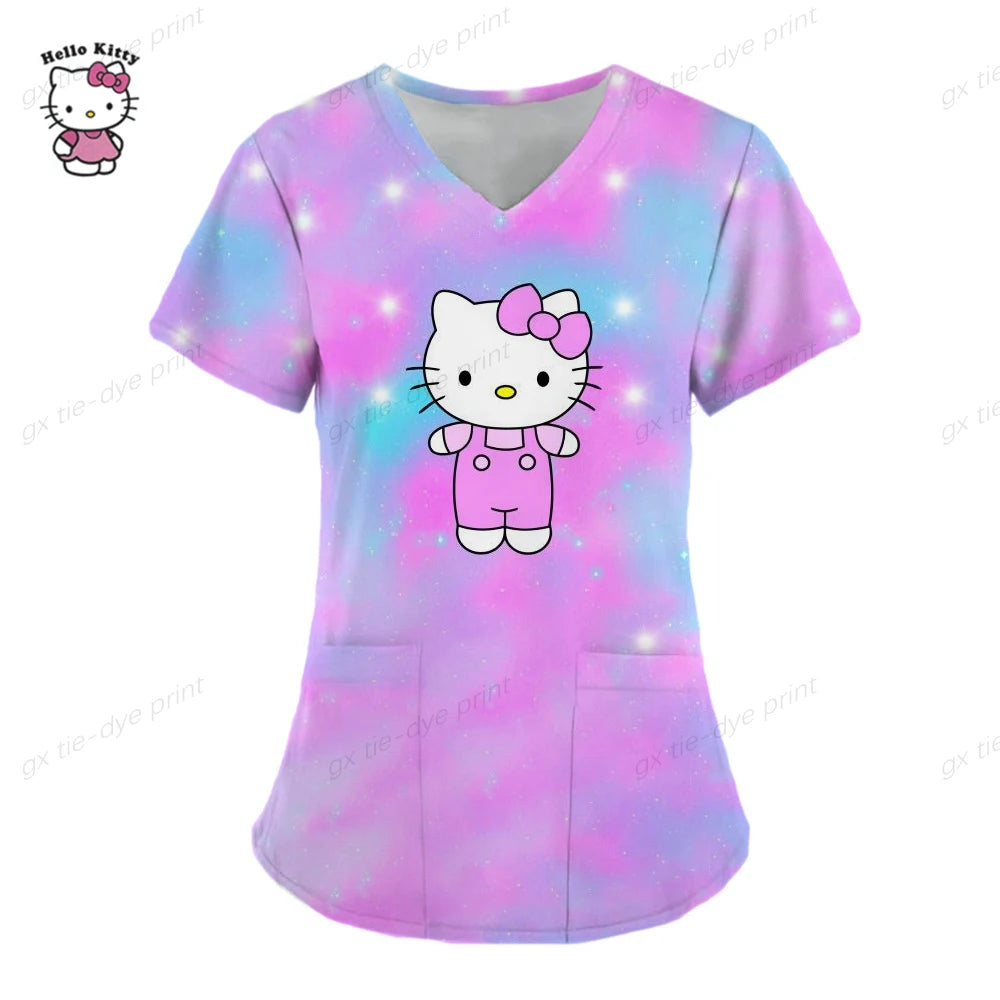 Hello Kitty Uniform Women's Cartoon Hello Kitty Print Nurse Work Shirt Pocket Gown Christmas Healthcare Nurse Scrubs