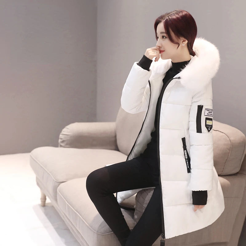 Winter Women Coat Mid-length Parkas Warm Hooded Cotton-padded Jacket Zipper Pockets Slim Thick Puffer Jacket Winter Clothes New
