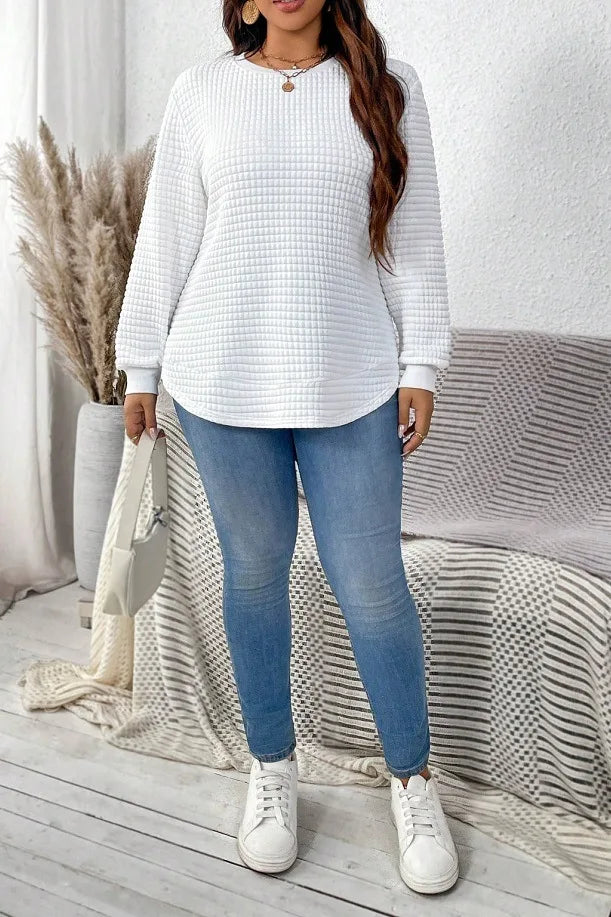 Plus-Size Women's Spring And Winter Fashion Casual Solid Color Checkered Pullover Sweatshirt Suitable For Commuting Travel