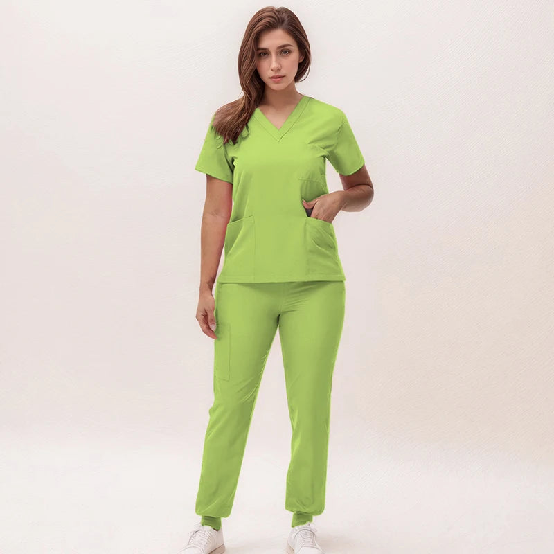 Short Sleeves Nurse Uniforms V-neck Top Jogger Pants  Women Surgical Scrubs Dentist Nursing Suit Pet Hospital Doctor Outfit S21