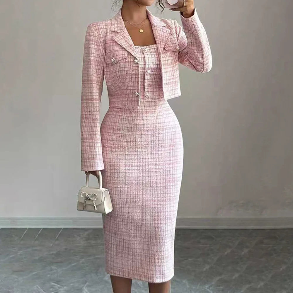 Dress Suits Women Coat Sheath Dresses 2 Piece Sets Suit Jacket Sundress Plaid Print Outfits Vestidos Office Lady Spring 2026