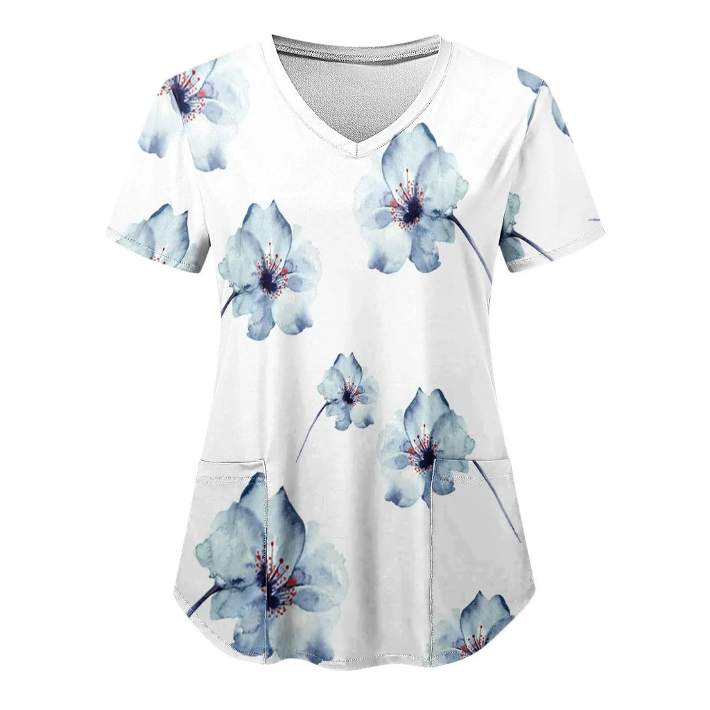 Women Nurse Uniform Medical Scrubs Flower 3d Print V-Neck Pocket Medical Uniforms Cartoon Nursing Scrubs Short Sleeve Pocket Loo