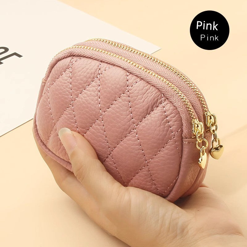 2024 New Arrival First Layer Cowhide Quilted Embroidery Thread Key Ring Buckle Coin Bag Double Layer Zipper Genuine Leather Mini Purse Women