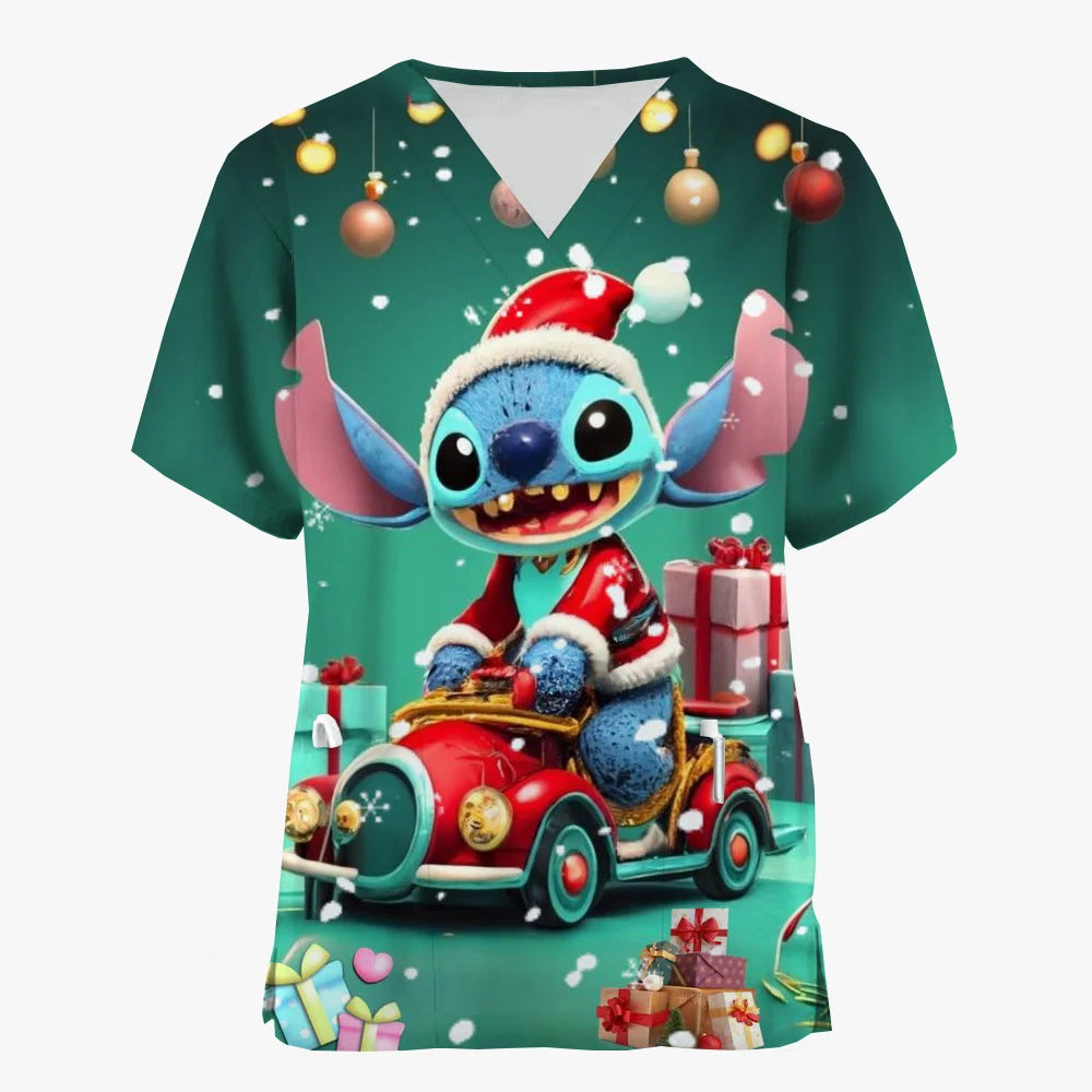 Nurse Uniforms Women Merry Christmas Print Short Sleeve Stitch Scrubs Working Medical Blouse Overalls Uniforms Medical Nursing