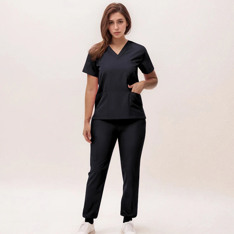 Short Sleeves Nurse Uniforms V-neck Top Jogger Pants  Women Surgical Scrubs Dentist Nursing Suit Pet Hospital Doctor Outfit S21