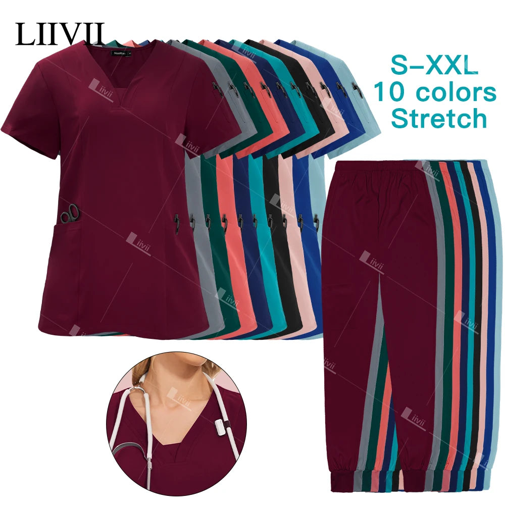 Medical Scrub Set Women Wholesale Hospital Doctor Dentist Work Clothes Surgical Scrub Top Jogging Pants Multicolor Nurse Uniform