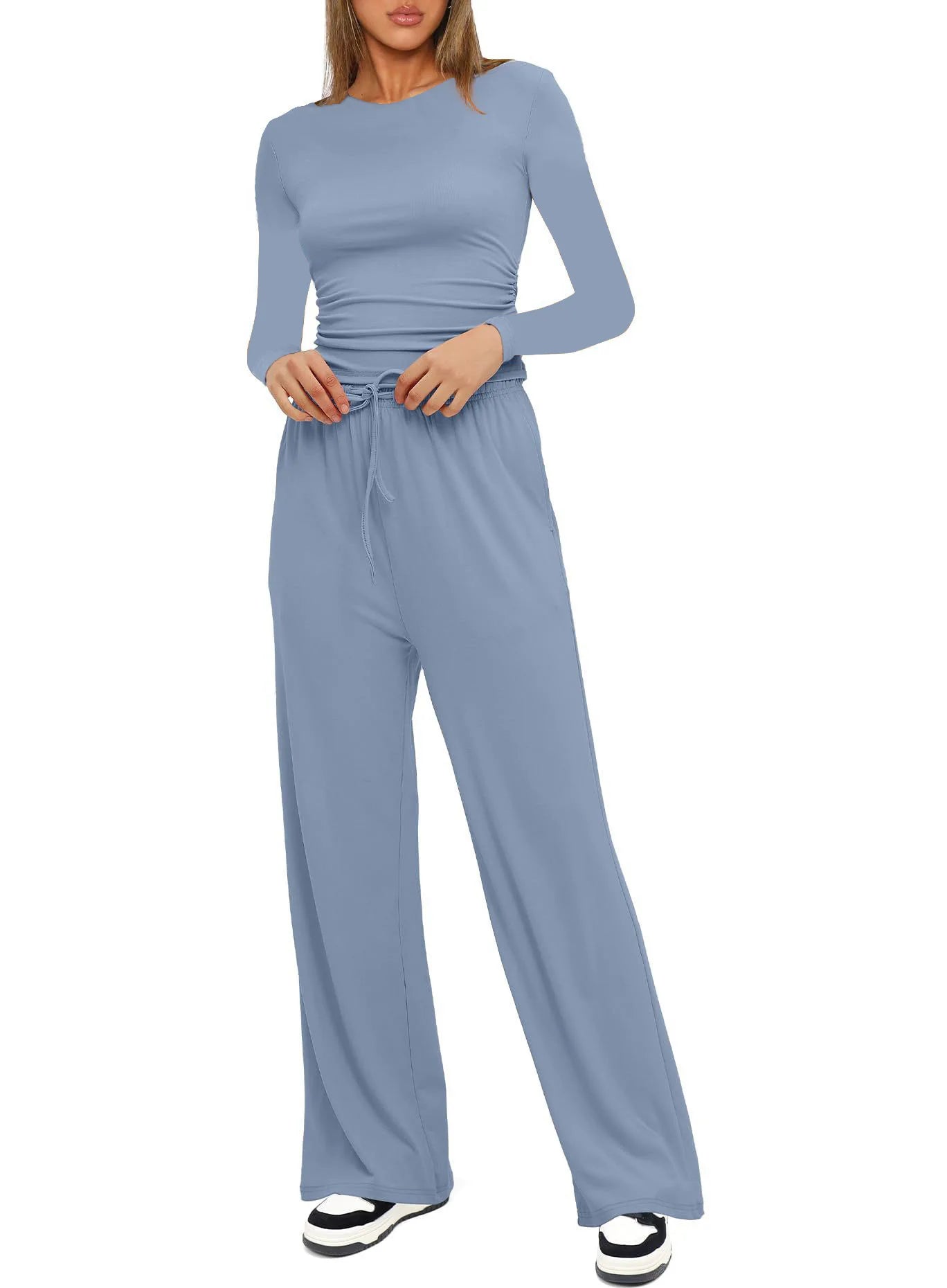 Autumn Winter Trend Fashion Women's Two Pieces Set Solid Casual O Neck Long Sleeve T-shirts & High Waist Wide Leg Pants Sets