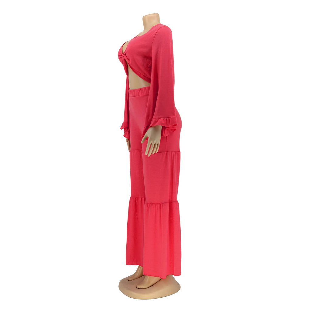 Casual Spring And Autumn For Women's Solid Color Long Sleeved Chest Wrap Top and Wide Leg Trousers Female Office 2 Piece Set