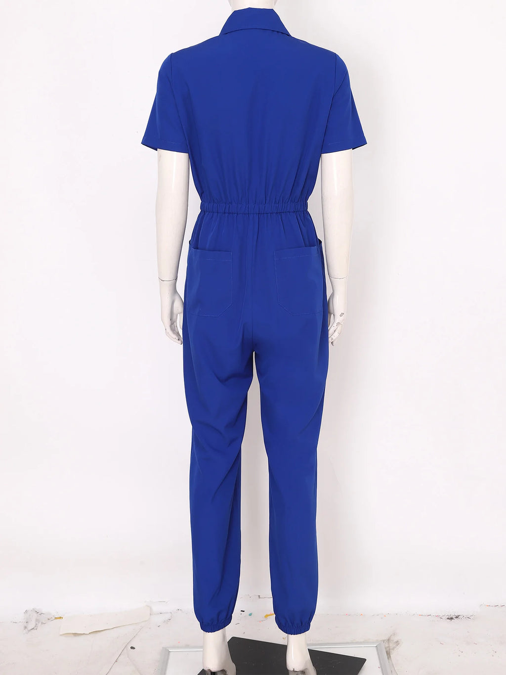 Women Scrub Jumpsuit Nurse Doctor Medical Esthetician Workwear Short Sleeve Multi-pockets Elastic Waist Jogger Pants Rompers