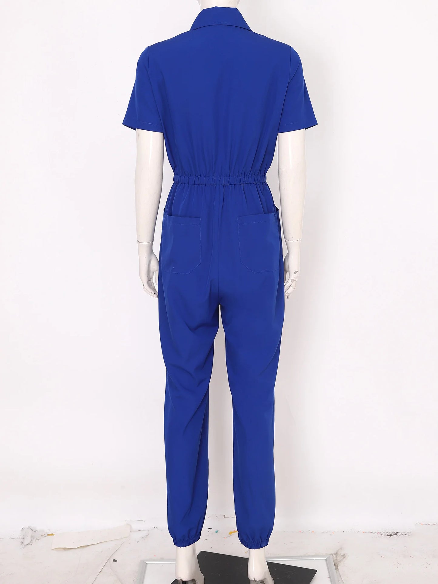Women Scrub Jumpsuit Nurse Doctor Medical Esthetician Workwear Short Sleeve Multi-pockets Elastic Waist Jogger Pants Rompers