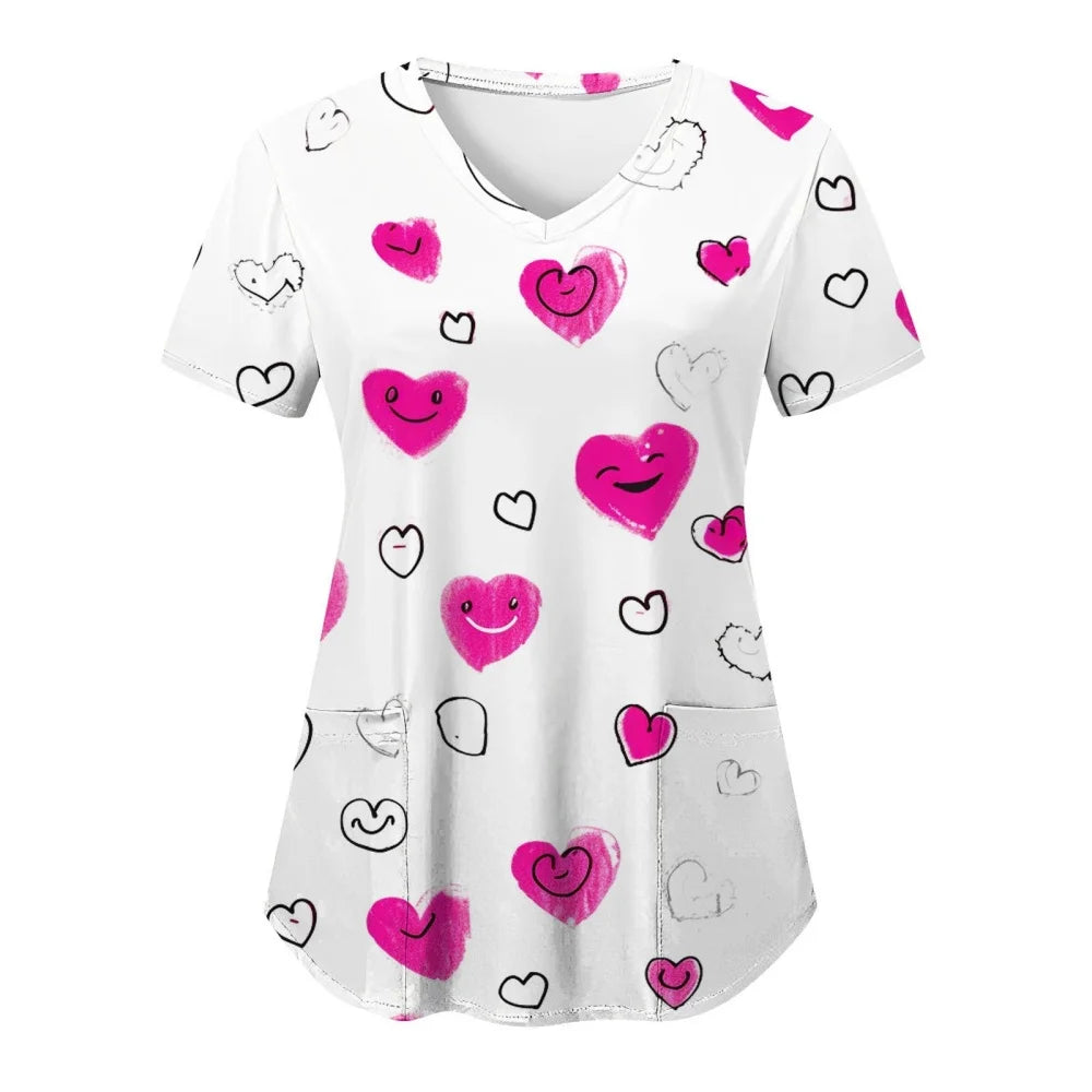 Clinical Uniform Woman V-Neck with Pocket Nurse Uniforms Comfortable Valentine's Day 3D Pattern Printed Women's Medical Uniform