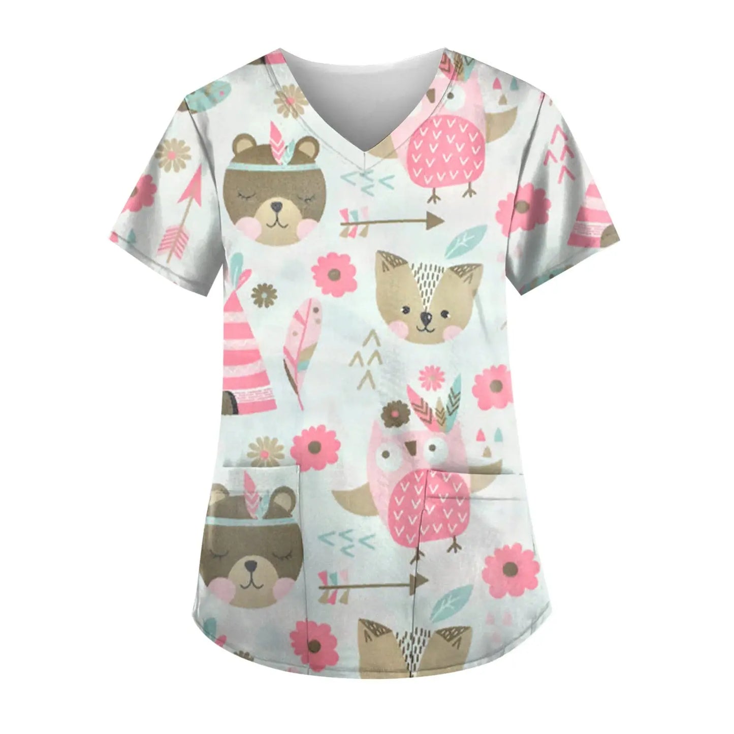 Clinical Uniform Woman Cute Cat Print Dental Nursing Tops V-Neck Short Sleeve with Pocket Tees Health Care Medical Scrubs Women