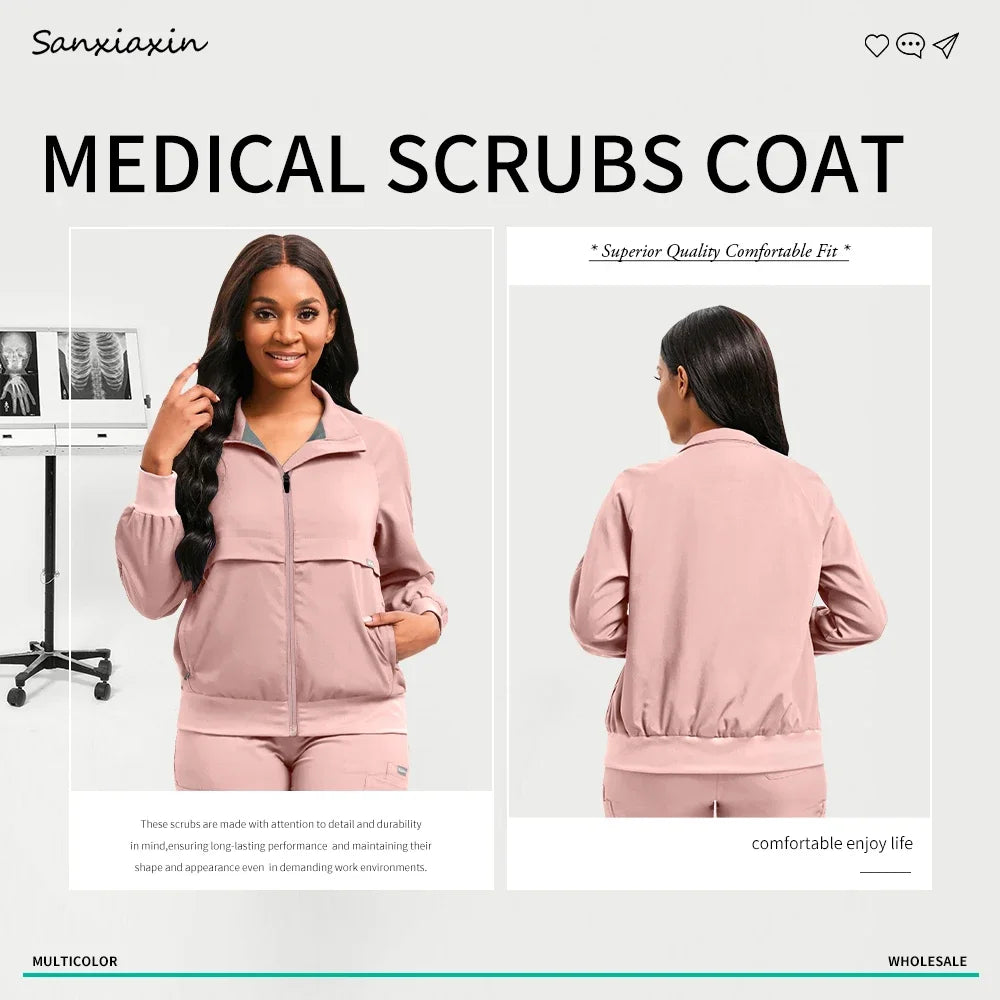 Long Sleeved Medical Scrub Jacket Pharmacy Uniform Women Solid Nurse Hospital Scrub Coat Surgical Uniforms Beauty Salon Workwear