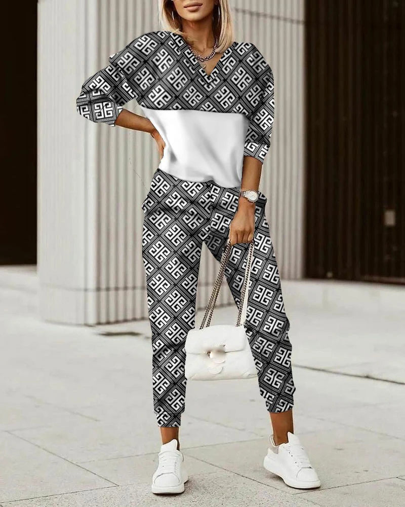 Two Piece Set For Women Print Long Pant Sets 2 Piece Sets Women Outfit Spring Autumn Long Sleeve Fashion Elegant Office Sets