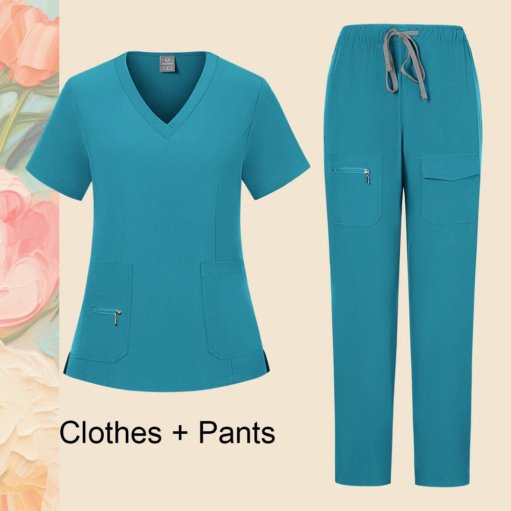 Pants Sets Short Sleeved Top Scrub Solid Color Surgical Gowns Medical Accessories Manicurist Beautician Nursing Scrub Sets Women