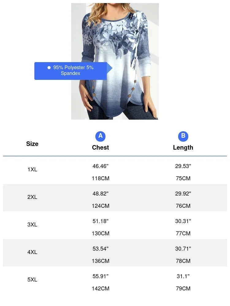 Women's Plus Size Stylish Floral Print Stylish Casual Top with Button Accent Long Sleeve T-Shirt for Spring & Fall-Comfortable