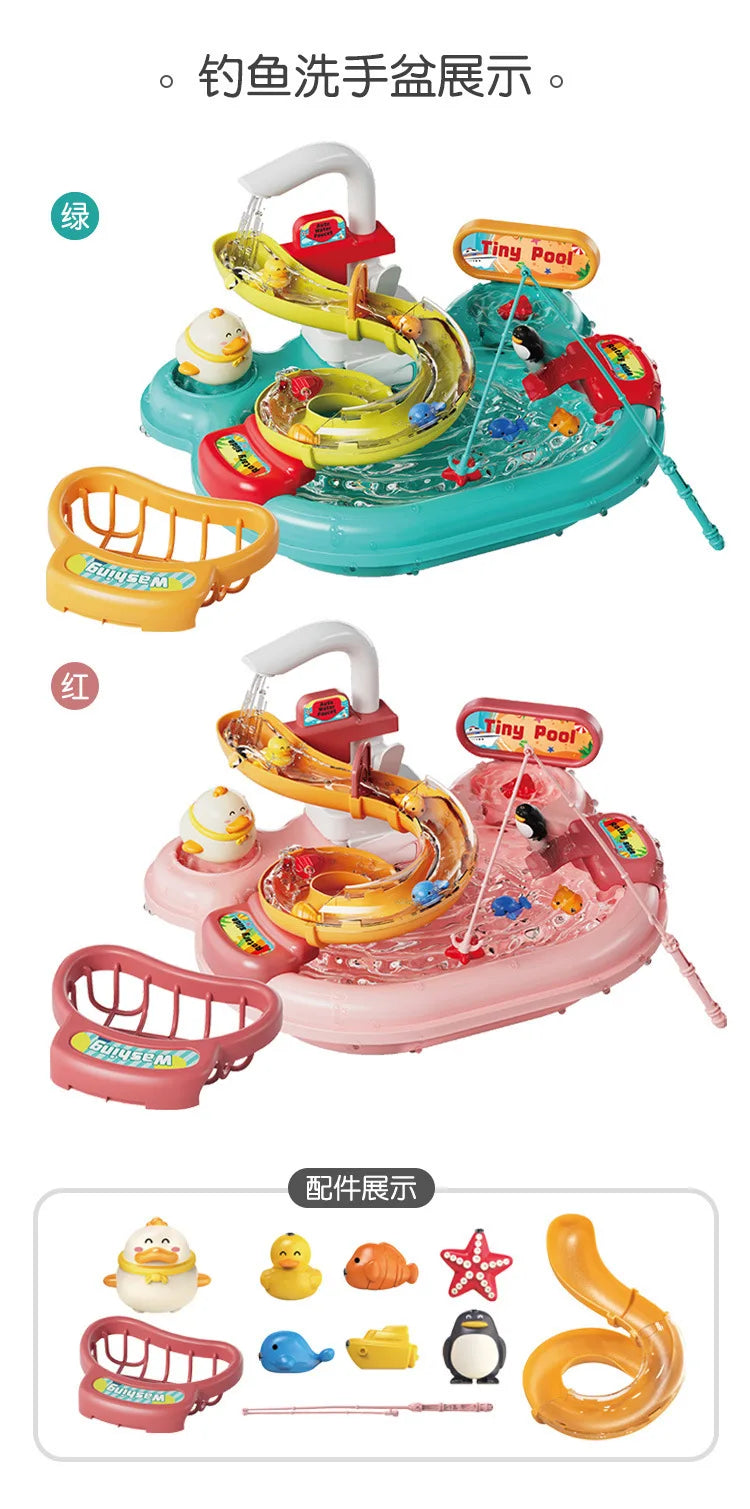 Children's Fishing Toys Electric Pretend Play Toys Dishwashing Basin Toys Gift Kitchen Interactive Toys 2-in-1 Slide Fishing Toy