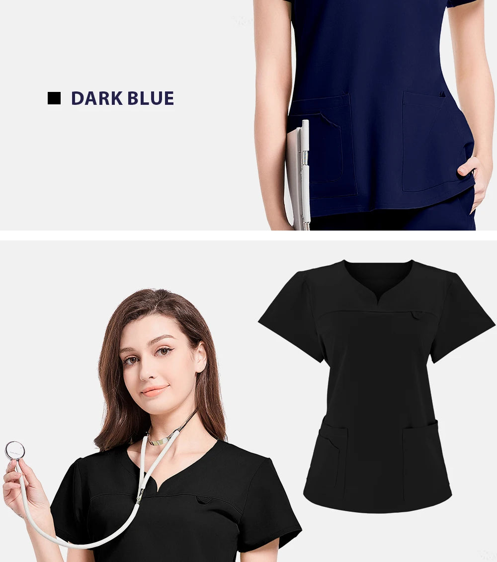 Slim fitting elasticity nurse scrubs tops dentistry doctor lab spa uniform surgical Scrub shirt for woman pharmacy pet hospital