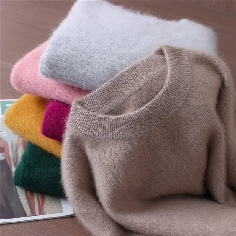Autumn Winter Sweater Pullover Women's Clothing 100% Mink Cashmere Sweater Pullover O-Neck Basic Long Sleeve Warm Fleece Knitted