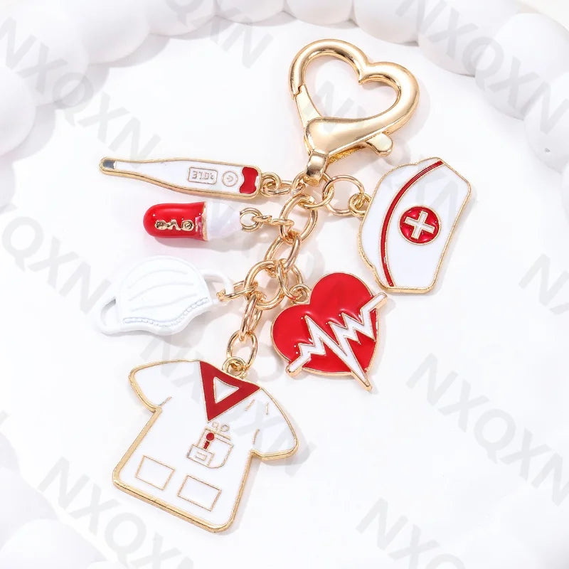 Cartoon Heart Nurse Hat Uniform Thermometer Enamel Keychain Capsule Doctor Key Ring For Women Men Gift Handmade Jewelry Set