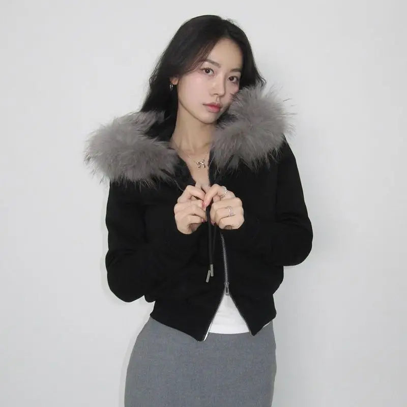 Patchwork Furry Hooded Sweatshirt for Women Y2k Tops Streetwear Casual Hoodies 2025 Ropa Mujer Korean Fashion Zipper Crop Hoodie