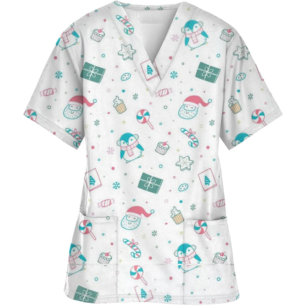 Christmas Printed V-Neck Scrubs Tops for Woman Man Blouse Cotton Surgeon Working Clothes Medical Uniform Doctor Nurse Scrub Tops