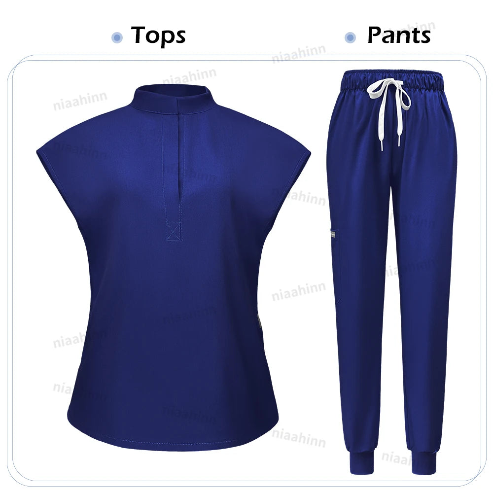 Niaahinn Scrubs Hot Sales Jogger Scrub Sets Women Solid Color Breathable Work Clothes Lab Coat Uniform Hospital Doctor Work Wear