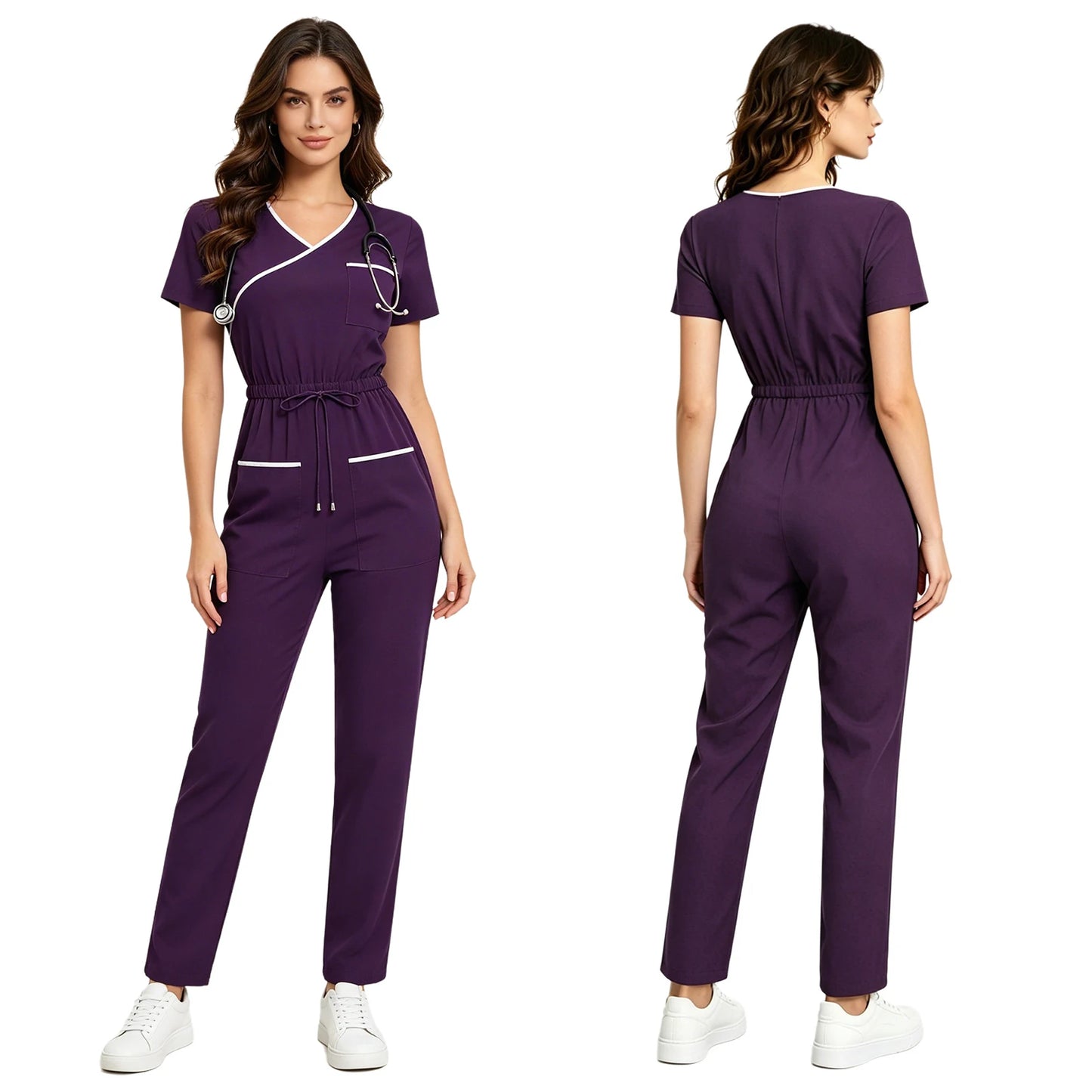 Women Scrub Jumpsuit Nurse Doctor Medical Esthetician Workwear Short Sleeve Multi-pockets Elastic Waist Jogger Pants Rompers